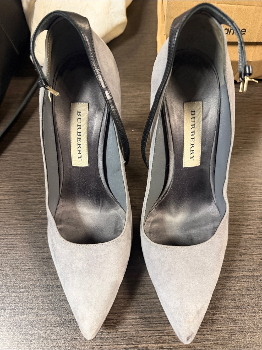 Burberry Gray Suede Pointed-Toe Ankle-Strap Heels